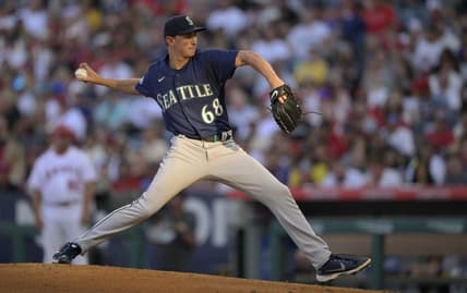 Aug 5, 2023; Anaheim, California, USA;  Seattle Mariners starting pitcher George Kirby (68) throws to the plate in the third inning against the Los Angeles Angels at Angel Stadium. Mandatory Credit: Jayne Kamin-Oncea-USA TODAY Sports