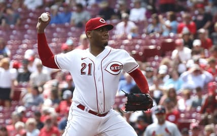 Sep 10, 2023; Cincinnati, Ohio, USA; Cincinnati Reds starting pitcher Hunter Greene (21) throws against the St. Louis Cardinals during the first inning at Great American Ball Park. Mandatory Credit: David Kohl-USA TODAY Sports