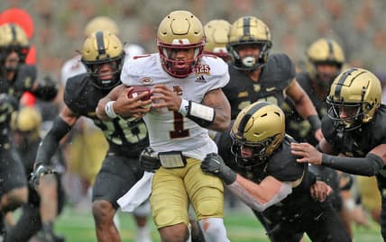 Oct 7, 2023; West Point, New York, USA; Boston College Eagles quarterback Thomas Castellanos (1) carries the ball against the Army Black Knights during the second half at Michie Stadium. Mandatory Credit: Danny Wild-USA TODAY Sports