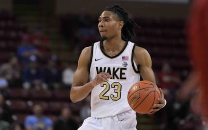 Nov 16, 2023; Charleston, South Carolina, USA; Wake Forest Demon Deacons guard Hunter Sallis (23) brings the ball up court in the first half against the Utah Utes at TD Arena. Mandatory Credit: David Yeazell-USA TODAY Sports