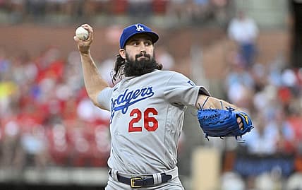 Jul 13, 2022; St. Louis, Missouri, USA;  Los Angeles Dodgers starting pitcher Tony Gonsolin (26) pitches against the St. Louis Cardinals during the third inning at Busch Stadium. Mandatory Credit: Jeff Curry-USA TODAY Sports