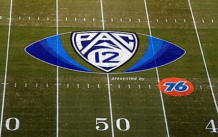 Pac 12 football logo on field during 2019 season