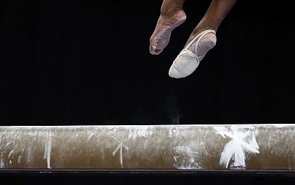 Aug 17, 2018; Boston, MA, USA; A competitors feet are seen on the balance beam during the U.S. Gymnastics Championships at TD Garden. Mandatory Credit: Winslow Townson-USA TODAY Sports