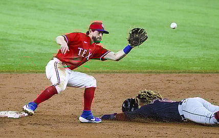 Oct 1, 2021; Arlington, Texas, USA;  Cleveland Indians third baseman Jose Ramirez (11) steals second base ahead of the tag by Texas Rangers second baseman Nick Solak (15) during the third inning at Globe Life Field. Mandatory Credit: Kevin Jairaj-USA TODAY Sports