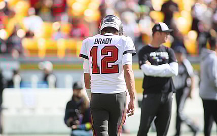 Tom Brady (12) of the Tampa Bay Buccaneers walks off the field during warmups at Acrisure Stadium in Pittsburgh, PA on October 16, 2022.

Pittsburgh Steelers Vs Tampa Bay Buccaneers Week 6