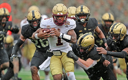 Oct 7, 2023; West Point, New York, USA; Boston College Eagles quarterback Thomas Castellanos (1) carries the ball against the Army Black Knights during the second half at Michie Stadium. Mandatory Credit: Danny Wild-USA TODAY Sports