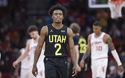 Jan 20, 2024; Houston, Texas, USA; Utah Jazz guard Collin Sexton (2) reacts during the game against the Houston Rockets at Toyota Center. Mandatory Credit: Troy Taormina-USA TODAY Sports