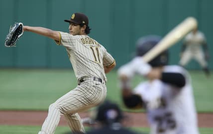 Apr 12, 2021; Pittsburgh, Pennsylvania, USA;  San Diego Padres starting pitcher Yu Darvish (11) pitches to Pittsburgh Pirates second baseman Adam Frazier (26) during the first inning at PNC Park. Mandatory Credit: Charles LeClaire-USA TODAY Sports