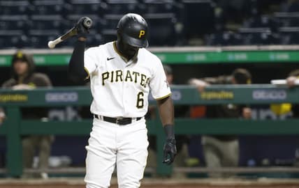 Apr 13, 2021; Pittsburgh, Pennsylvania, USA; Pittsburgh Pirates right fielder Anthony Alford (6) reacts after striking out to end the eighth inning against the San Diego Padres at PNC Park. Mandatory Credit: Charles LeClaire-USA TODAY Sports