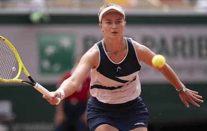 Jun 12, 2021; Paris, France; Barbora Krejcikova (CZE) in action during the women's final match against Anastasia Pavlyuchenkova (RUS) on day 14 of the French Open at Stade Roland Garros. Mandatory Credit: Susan Mullane-USA TODAY Sports