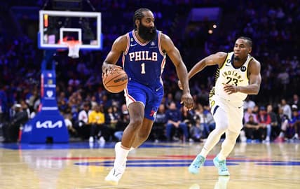 Oct 24, 2022; Philadelphia, Pennsylvania, USA; Philadelphia 76ers guard James Harden (1) drives against Indiana Pacers guard Aaron Nesmith (23) in the third quarter at Wells Fargo Center. Mandatory Credit: Kyle Ross-USA TODAY Sports