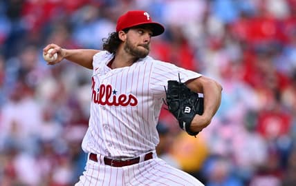 Apr 11, 2023; Philadelphia, Pennsylvania, USA; Philadelphia Phillies starting pitcher Aaron Nola (27) throws a pitch against the Miami Marlins in the first inning at Citizens Bank Park. Mandatory Credit: Kyle Ross-USA TODAY Sports