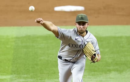 May 19, 2023; Arlington, Texas, USA;  Colorado Rockies starting pitcher Karl Kauffmann (51) throws during the third inning against the Texas Rangers at Globe Life Field. Mandatory Credit: Kevin Jairaj-USA TODAY Sports