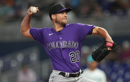 Jul 21, 2023; Miami, Florida, USA;  Colorado Rockies pitcher Peter Lambert (20) pitches against the Miami Marlins in the first inning at loanDepot Park. Mandatory Credit: Jim Rassol-USA TODAY Sports