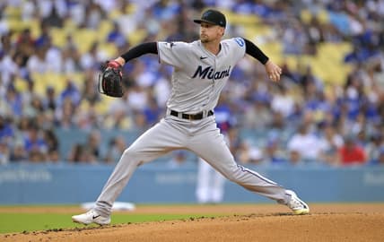 Aug 19, 2023; Los Angeles, California, USA;  Miami Marlins starting pitcher Braxton Garrett (29) throws to the plate in the first inning against the Los Angeles Dodgers at Dodger Stadium. Mandatory Credit: Jayne Kamin-Oncea-USA TODAY Sports