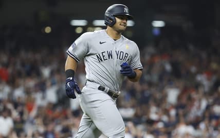 Sep 3, 2023; Houston, Texas, USA; New York Yankees center fielder Jasson Dominguez (89) runs to first after hitting a home run during the sixth inning against the Houston Astros at Minute Maid Park. Mandatory Credit: Troy Taormina-USA TODAY Sports