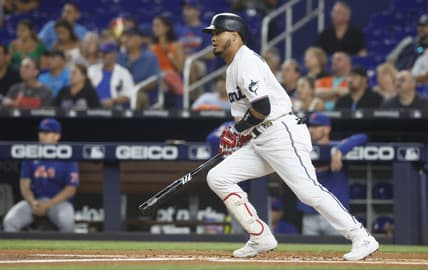 Sep 18, 2023; Miami, Florida, USA; Miami Marlins second baseman Luis Arraez (3) gets his 200th hit on the season against  the New York Mets at loanDepot Park. Mandatory Credit: Rhona Wise-USA TODAY Sports