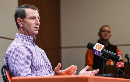 Clemson head coach Dabo Swinney speaks in the Smart Family Media Center at the Smart Family Media Center at the Poe Indoor Practice Facility in Clemson, S.C. Tuesday, Nov 21, 2023.