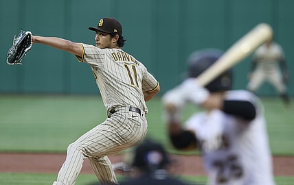 Apr 12, 2021; Pittsburgh, Pennsylvania, USA;  San Diego Padres starting pitcher Yu Darvish (11) pitches to Pittsburgh Pirates second baseman Adam Frazier (26) during the first inning at PNC Park. Mandatory Credit: Charles LeClaire-USA TODAY Sports