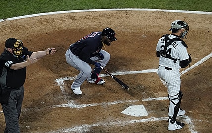 Apr 13, 2021; Chicago, Illinois, USA; Cleveland Indians designated hitter Franmil Reyes (32) reacts after striking out against the Chicago White Sox during the fourth inning at Guaranteed Rate Field. Mandatory Credit: David Banks-USA TODAY Sports