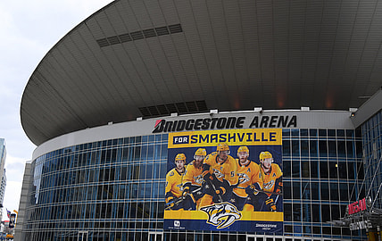 Feb 28, 2021; Nashville, Tennessee, USA; General view of Bridgestone Arena before the game between the Nashville Predators and the Columbus Blue Jackets. Mandatory Credit: Christopher Hanewinckel-USA TODAY Sports