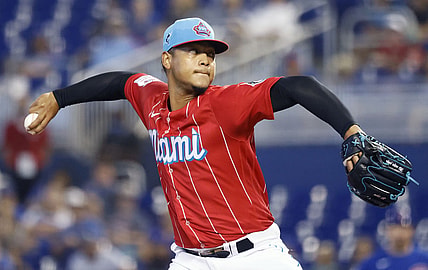Aug 15, 2021; Miami, Florida, USA; Miami Marlins starting pitcher Elieser Hernandez (57) throws a pitch during the first inning against the Chicago Cubs at loanDepot Park. Mandatory Credit: Rhona Wise-USA TODAY Sports