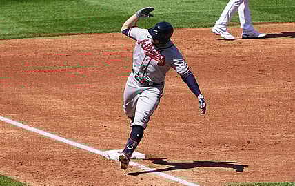 Sep 5, 2021; Denver, Colorado, USA; Atlanta Braves left fielder Adam Duvall (14) reacts to his three run home run in the third inning against the Colorado Rockies at Coors Field. Mandatory Credit: Ron Chenoy-USA TODAY Sports
