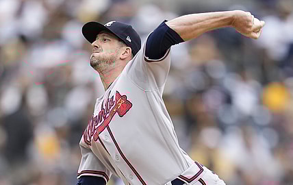 Sep 26, 2021; San Diego, California, USA;  Atlanta Braves relief pitcher Drew Smyly (18) pitches against the San Diego Padres during the third inning at Petco Park. Mandatory Credit: Ray Acevedo-USA TODAY Sports