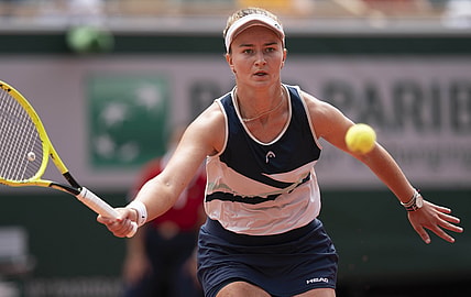 Jun 12, 2021; Paris, France; Barbora Krejcikova (CZE) in action during the women's final match against Anastasia Pavlyuchenkova (RUS) on day 14 of the French Open at Stade Roland Garros. Mandatory Credit: Susan Mullane-USA TODAY Sports