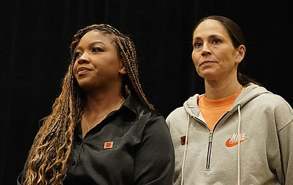 Jul 8, 2022; Chicago, IL, USA; Cherelle Griner (left) spouse of Brittney Griner  and Sue Bird during a press conference  addressing the detention of Brittney Griner in Russia at Hyatt Regency at McCormick Place. Mandatory Credit: David Banks-USA TODAY Sports