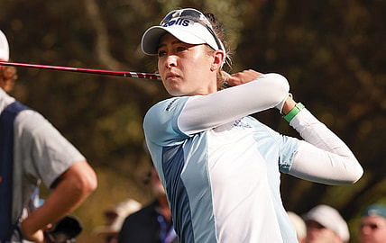Dec 17, 2022; Orlando, Florida, USA; Nelly Korda hits a drive on the 13th hole during the first round of the PNC Championship golf tournament at Ritz Carlton Golf Club Grande Lakes Orlando Course. Mandatory Credit: Reinhold Matay-USA TODAY Sports