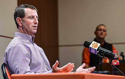 Clemson head coach Dabo Swinney speaks in the Smart Family Media Center at the Smart Family Media Center at the Poe Indoor Practice Facility in Clemson, S.C. Tuesday, Nov 21, 2023.