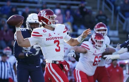 Nov 27, 2021; East Hartford, Connecticut, USA; Houston Cougars quarterback Clayton Tune (3) throws a pass against the Connecticut Huskies in the second quarter at Rentschler Field at Pratt & Whitney Stadium. Mandatory Credit: David Butler II-USA TODAY Sports