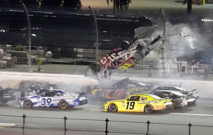 Feb 19, 2022; Daytona, FL, USA; Xfinity Series driver Myatt Snider (31) flips as he wreck on the backstretch during the Xfinity Beef It's What's For Dinner 300 at Daytona International Speedway. Mandatory Credit: John David Mercer-USA TODAY Sports