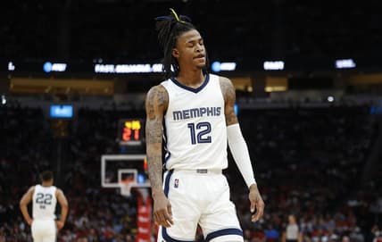 Mar 6, 2022; Houston, Texas, USA; Memphis Grizzlies guard Ja Morant (12) reacts during the third quarter against the Houston Rockets at Toyota Center. Mandatory Credit: Troy Taormina-USA TODAY Sports