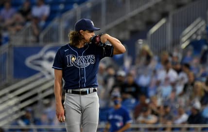 May 21, 2021; Dunedin, Florida, CAN; Tampa Bay Rays pitcher Tyler Glasnow (20) throws a pitch in the second inning against the Toronto Blue Jays at TD Ballpark. Mandatory Credit: Jonathan Dyer-USA TODAY Sports