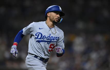 Sep 10, 2022; San Diego, California, USA; Los Angeles Dodgers right fielder Mookie Betts (50) looks on during the eighth inning against the San Diego Padres at Petco Park. Mandatory Credit: Orlando Ramirez-USA TODAY Sports