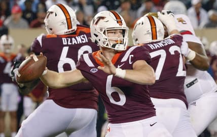 Sep 10, 2022; Blacksburg, Virginia, USA;  Virginia Tech Hokies quarterback Grant Wells (6) throws a pass as Virginia Tech Hokies offensive lineman Jesse Hanson (72) and  offensive lineman Silas Dzansi (60) block during the second half against the Boston College Eagles at Lane Stadium. Mandatory Credit: Reinhold Matay-USA TODAY Sports