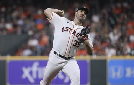 Oct 4, 2022; Houston, Texas, USA; Houston Astros starting pitcher Justin Verlander (35) delivers a pitch during the fourth inning against the Philadelphia Phillies at Minute Maid Park. Mandatory Credit: Troy Taormina-USA TODAY Sports