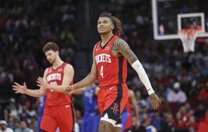 Jan 2, 2023; Houston, Texas, USA; Houston Rockets guard Jalen Green (4) and center Alperen Sengun (28) react during the fourth quarter against the Dallas Mavericks at Toyota Center. Mandatory Credit: Troy Taormina-USA TODAY Sports