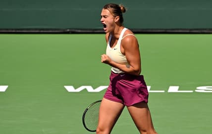Mar 15, 2023; Indian Wells, CA, USA;  Aryna Sabalenka celebrates after winning a point as she defeats Coco Gauff (USA) in the quarterfinals of the BNP Paribas Open at the Indian Wells Tennis Garden. Mandatory Credit: Jayne Kamin-Oncea-USA TODAY Sports