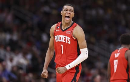 Mar 15, 2023; Houston, Texas, USA; Houston Rockets forward Jabari Smith Jr. (1) celebrates after scoring a basket during the fourth quarter against the Los Angeles Lakers at Toyota Center. Mandatory Credit: Troy Taormina-USA TODAY Sports