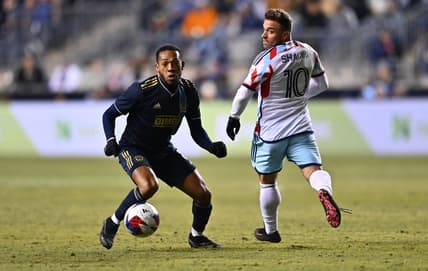 Mar 11, 2023; Philadelphia, Pennsylvania, USA; Philadelphia Union midfielder Jose Martinez (8) and Chicago Fire midfielder Xherdan Shaqiri (10) watch a loose ball in the second half at Subaru Park. Mandatory Credit: Kyle Ross-USA TODAY Sports