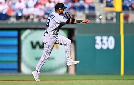 Apr 12, 2023; Philadelphia, Pennsylvania, USA; Miami Marlins second baseman Luis Arraez (3) throws to first against the Philadelphia Phillies in the second inning at Citizens Bank Park. Mandatory Credit: Kyle Ross-USA TODAY Sports