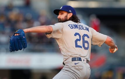 Apr 26, 2023; Pittsburgh, Pennsylvania, USA;  Los Angeles Dodgers starting pitcher Tony Gonsolin (26)  pitches against the Pittsburgh Pirates during the fourth inning at PNC Park. Mandatory Credit: Charles LeClaire-USA TODAY Sports
