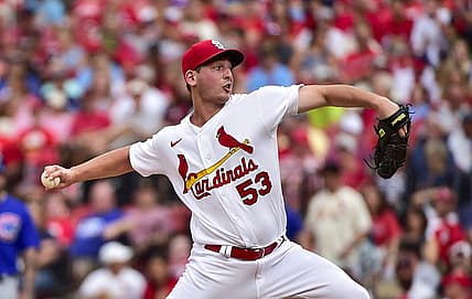 Jun 24, 2022; St. Louis, Missouri, USA; St. Louis Cardinals starting pitcher Andre Pallante (53) pitches against the Chicago Cubs during the first inning at Busch Stadium. Mandatory Credit: Jeff Curry-USA TODAY Sports