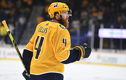 Apr 27, 2021; Nashville, Tennessee, USA; Nashville Predators defenseman Ryan Ellis (4) after scoring on a shot during the first period against the Florida Panthers at Bridgestone Arena. Mandatory Credit: Christopher Hanewinckel-USA TODAY Sports