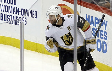 Mar 11, 2022; Pittsburgh, Pennsylvania, USA;  Vegas Golden Knights defenseman Alex Pietrangelo (7) reacts after scoring a goal against the Pittsburgh Penguins during the second period at PPG Paints Arena. Mandatory Credit: Charles LeClaire-USA TODAY Sports