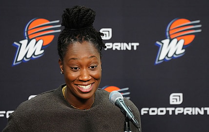 Feb 10, 2022; Phoenix, Arizona, USA; Phoenix Mercury   s Tina Charles speaks at an introductory press conference at Footprint Center. Mandatory Credit: Patrick Breen-The Republic