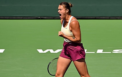 Mar 15, 2023; Indian Wells, CA, USA;  Aryna Sabalenka celebrates after winning a point as she defeats Coco Gauff (USA) in the quarterfinals of the BNP Paribas Open at the Indian Wells Tennis Garden. Mandatory Credit: Jayne Kamin-Oncea-USA TODAY Sports